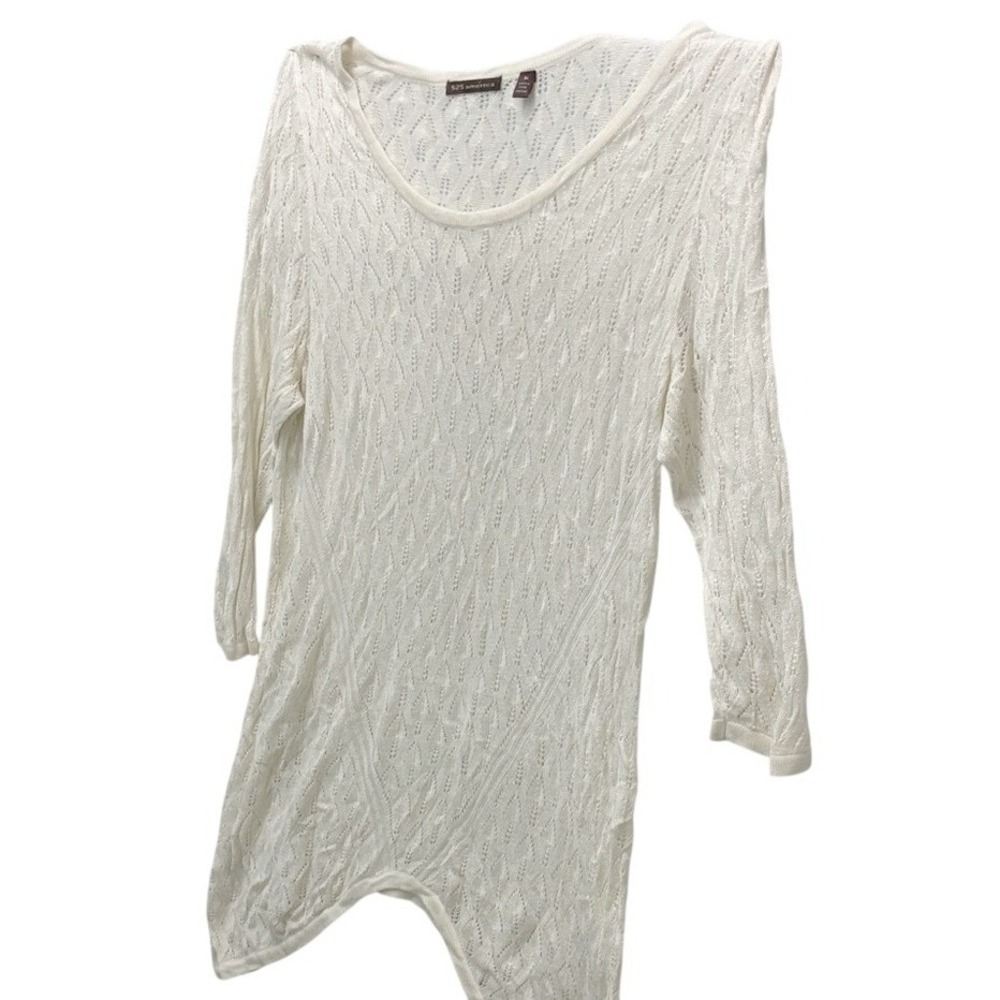525 America White Pointelle Knit Scoop Neck Sharkbite Hem Sweater Top Size M